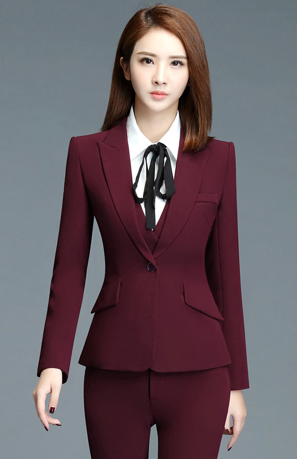 酒紅色時尚女職業西裝定制款式特寫圖