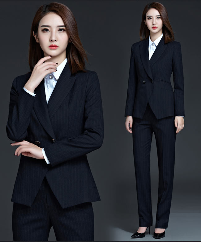 黑色條紋女職業套裝配褲子款式效果圖