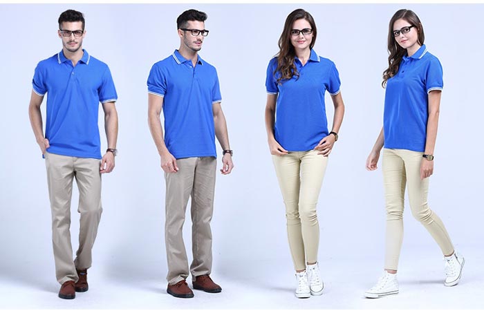 寶藍色嵌條翻領t恤衫定制前后款式展示圖片