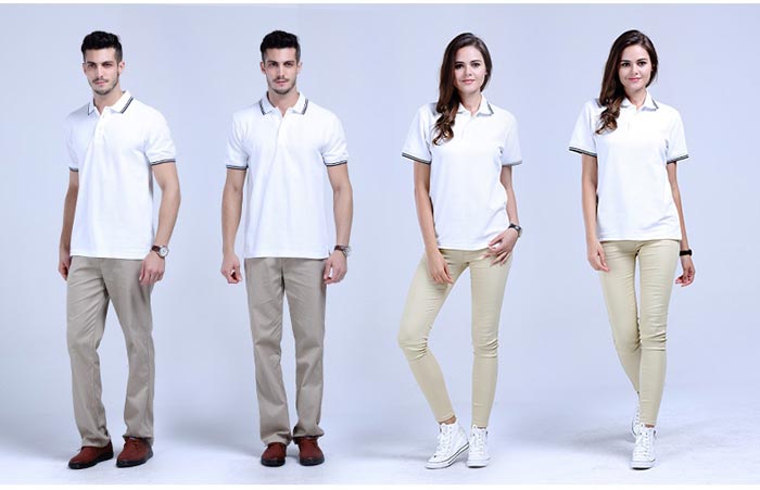 白色嵌條翻領t恤衫定制款式前后效果展示圖