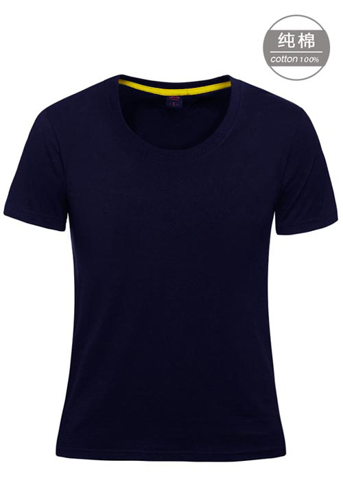 藏青色純棉短袖女圓領T恤衫