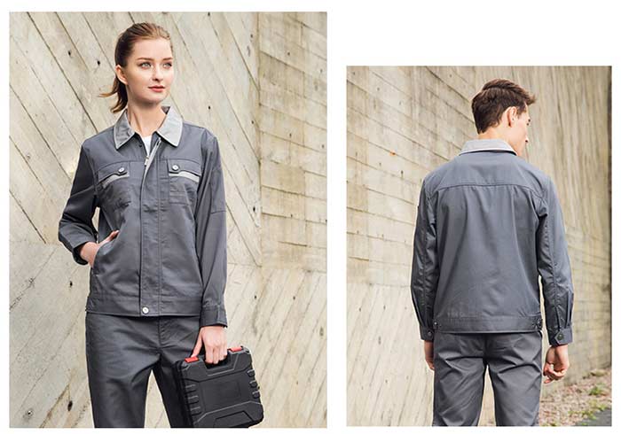 鐵灰色滌棉長袖勞保工作服現貨批發模特前后上身效果圖