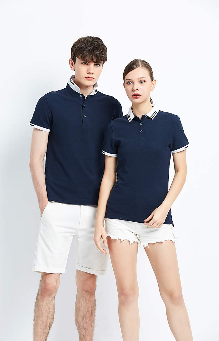 220克錦上添花翻領短袖T恤衫定做之藏青色款式模特圖